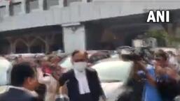 A group of lawyers affiliated to the Congress started shouting slogans at P Chidambaram when he was leaving the Calcutta high court premises on Wednesday. (Video grab/ANI)