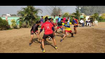 Girls in action during a Kabaddi match in Soram village (HT Photo)