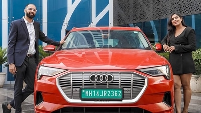 Ghazal Alagh and her husband Varun Alagh pose with their Audi e-tron. Ghazal Alagh and her husband Varun Alagh pose with their Audi e-tron.