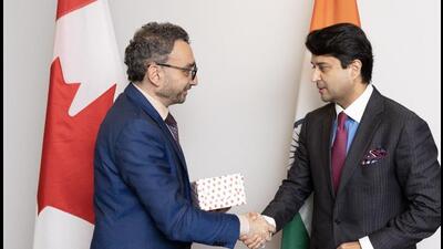 Union Civil Aviation Minister Jyotiraditya Scindia (right) with his Canadian counterpart, minister of transport Omar Alghabra, in Ottawa, Canada. (Omar Alghabra/Twitter) Union Civil Aviation Minister Jyotiraditya Scindia (right) with his Canadian counterpart, minister of transport Omar Alghabra, in Ottawa, Canada. (Omar Alghabra/Twitter)