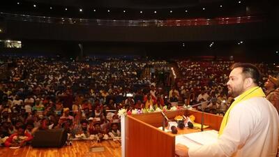 RJD leader Tejashwi Yadav addresses a gathering during Parshuram Jayanti in Patna on Tuesday. (Santosh Kumar)