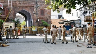 Police personnel deployed during a curfew imposed following the clash between two groups in Jodhpur, on Wednesday. (ANI) Police personnel deployed during a curfew imposed following the clash between two groups in Jodhpur, on Wednesday. (ANI)