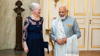 Prime Minister Narendra Modi, on the second day of his ‘3-days, 3 nation’ Europe tour, met Queen of Denmark Margrethe II at the historic Amalienborg Palace in Copenhagen on May 3. (AFP) Prime Minister Narendra Modi, on the second day of his ‘3-days, 3 nation’ Europe tour, met Queen of Denmark Margrethe II at the historic Amalienborg Palace in Copenhagen on May 3. (AFP)