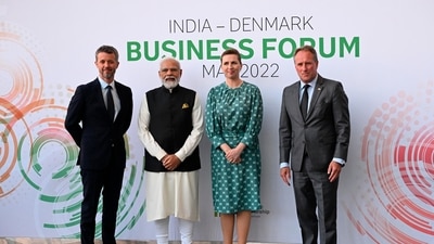 Indian Prime Minister Narendra Modi, second from left, poses for a family photo with, from left, Danish Crown Prince Frederik, Danish Prime Minister Mette Frederiksen and CEO of the Confederation of Danish Industries Lars Sandahl Sorensen, at the Danish Industries headquarters, in Copenhagen, Denmark, Tuesday, May 3, 2022. Modi is on a two-day visit to Denmark. (Philip Davali/Ritzau Scanpix via AP) (AP) Indian Prime Minister Narendra Modi, second from left, poses for a family photo with, from left, Danish Crown Prince Frederik, Danish Prime Minister Mette Frederiksen and CEO of the Confederation of Danish Industries Lars Sandahl Sorensen, at the Danish Industries headquarters, in Copenhagen, Denmark, Tuesday, May 3, 2022. Modi is on a two-day visit to Denmark. (Philip Davali/Ritzau Scanpix via AP) (AP)