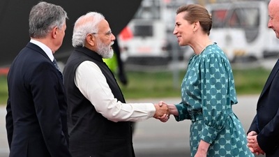 PM Modi and his Danish counterpart Frederiksen also addressed a joint press statement where several agreements between India and Denmark were officially signed. (AP) PM Modi and his Danish counterpart Frederiksen also addressed a joint press statement where several agreements between India and Denmark were officially signed. (AP)