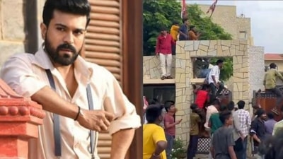Ram Charan's fans scaled the walls of the hotel in Vishakhapatnam where he is staying to try and get a glimpse of the actor. Ram Charan's fans scaled the walls of the hotel in Vishakhapatnam where he is staying to try and get a glimpse of the actor.