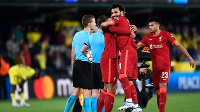 Liverpool's Mohamed Salah and his teammates celebrate after the Champions League semi final, second leg soccer match between Villarreal and Liverpool at the Ceramica stadium in Villarreal, Spain, Tuesday, May 3, 2022. (AP) Liverpool's Mohamed Salah and his teammates celebrate after the Champions League semi final, second leg soccer match between Villarreal and Liverpool at the Ceramica stadium in Villarreal, Spain, Tuesday, May 3, 2022. (AP)