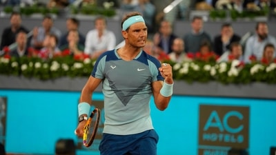Rafael Nadal of Spain celebrates after a winning point against Miomir Kecmanovic of Serbia during their match at the Mutua Madrid Open tennis tournament in Madrid, Spain. (AP) Rafael Nadal of Spain celebrates after a winning point against Miomir Kecmanovic of Serbia during their match at the Mutua Madrid Open tennis tournament in Madrid, Spain. (AP)