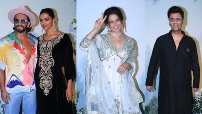 Ranveer Singh, Deepika Padukone, Kangana Ranaut and Karan Johar at Arpita Khan's Eid bash.&nbsp;