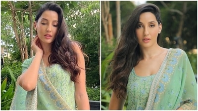 On the occasion of Eid, Nora Fatehi wished her fans "Eid Mubarak" by sharing beautiful pictures of herself in a pastel green kurti and sharara set. (Instagram/@norafatehi)