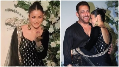 Shehnaaz Gill is gorgeous in black suit as she poses with Salman Khan at Arpita Khan's Eid bash: See pics, videos (Instagram, HT Photo/Varinder Chawla) Shehnaaz Gill is gorgeous in black suit as she poses with Salman Khan at Arpita Khan's Eid bash: See pics, videos (Instagram, HT Photo/Varinder Chawla)