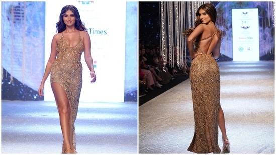 Tara Sutaria earlier walked the ramp in a dreamy embellished gold gown by Dolly J Studio.(Instagram/@tarasutaria)