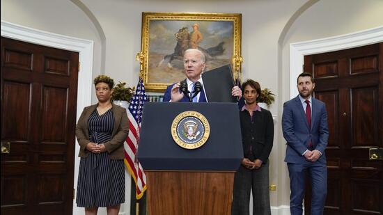 President Joe Biden answers questions from reporters in the Roosevelt Room of the White House, in Washington on Wednesday. (AP)