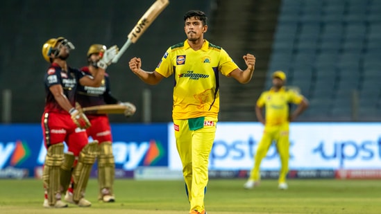 Pune: Maheesh Theekshana of Chennai Super Kings celebrates the wicket of Mahipal Lomror of Royal Challengers Bangalore during the 49th T20 cricket match of the Indian Premier League 2022 (IPL season 15), between the Royal Challengers Bangalore and the Chennai Super Kings, at MCA International Stadium in Pune, Wednesday, May 4, 2022. (Sportzpics for IPL/PTI Photo)(PTI05_04_2022_000214B)(PTI)