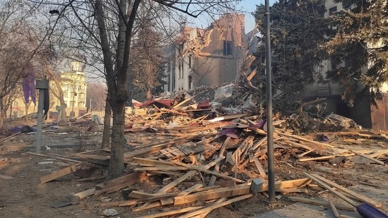 Rubble covers where the field kitchen stood outside of the Donetsk Academic Regional Drama Theatre on March 17, 2022, in Mariupol, Ukraine. (Lev Sandalov via AP)(AP)