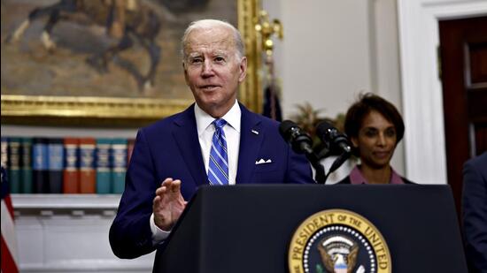 US President Joe Biden speaks in the Roosevelt Room of the White House in Washington, DC, on Wednesday. Biden will sign directives aimed at preparing the US for a new era of quantum computing. (Bloomberg)