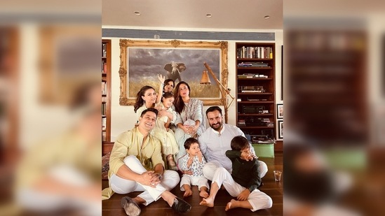 Kareena Kapoor celebrated the festival in the presence of her loved ones. She shared a family picture on her Instagram handle with Saif Ali Khan, Taimur Ali Khan Jeh Ali Khan, Soha Ali Khan, Kunal Kemmu, Inaaya Naumi Kemmu and Saba Pataudi. Wishing her fans, Bebo wrote, “Eid Mubarak from the family that is always trying to take the perfect picture …but never has!!!.”(Instagram/@kareenakapoor)