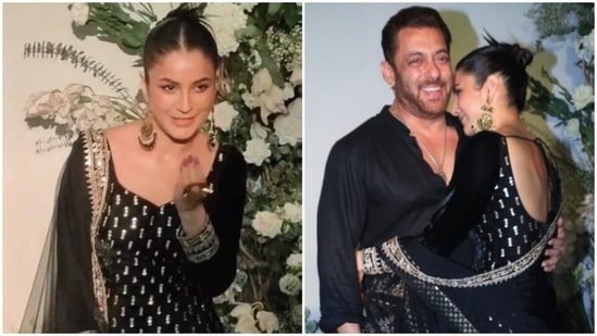 Shehnaaz Gill is gorgeous in black suit as she poses with Salman Khan at Arpita Khan's Eid bash: See pics, videos(Instagram, HT Photo/Varinder Chawla)