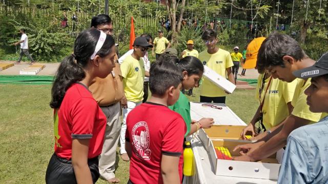 Students helping create the portrait of Chhatrapati Shivaji Maharaj