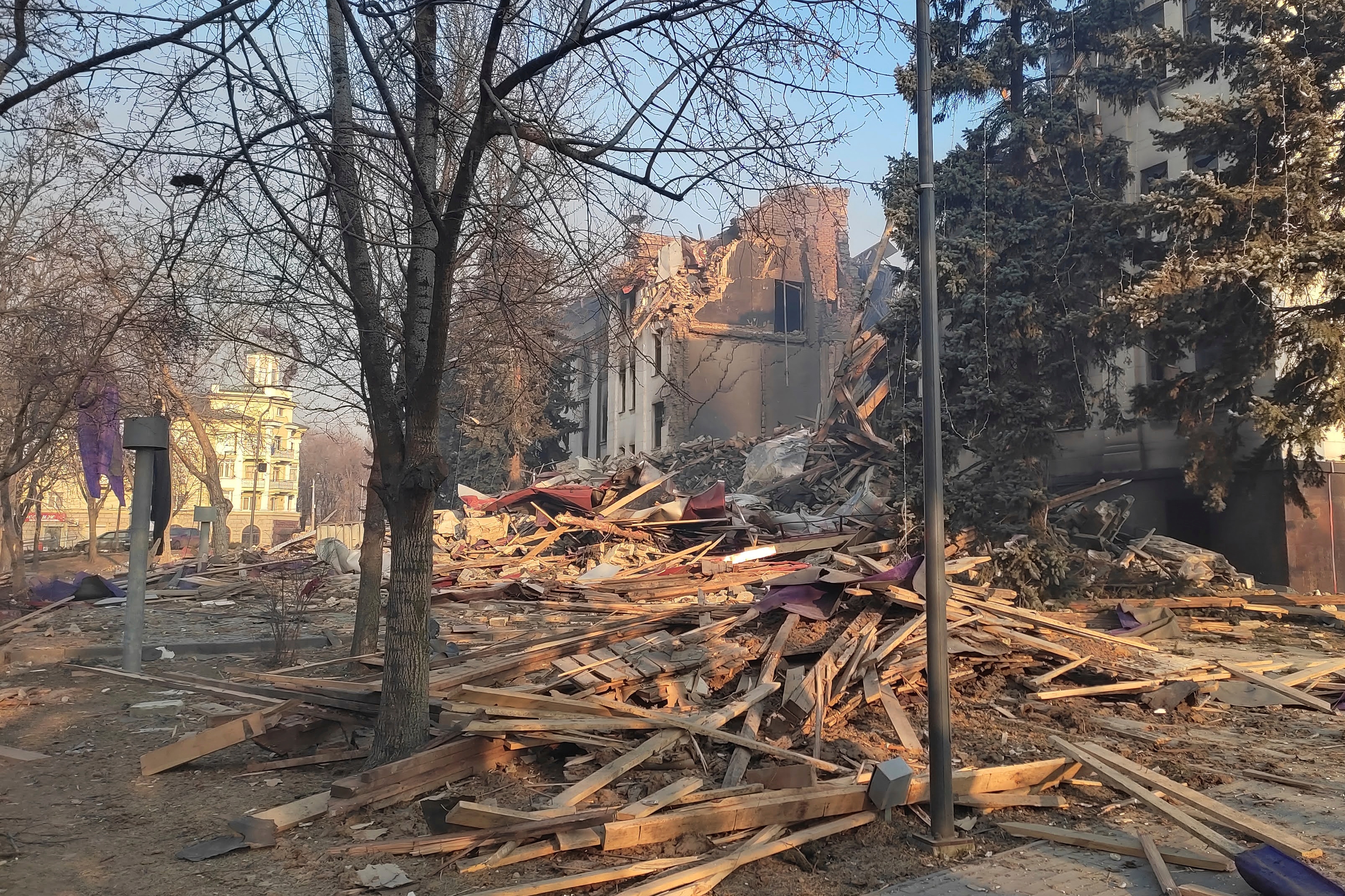 Rubble covers where the field kitchen stood outside of the Donetsk Academic Regional Drama Theatre on March 17, 2022, in Mariupol, Ukraine. (Lev Sandalov via AP) (AP) Rubble covers where the field kitchen stood outside of the Donetsk Academic Regional Drama Theatre on March 17, 2022, in Mariupol, Ukraine. (Lev Sandalov via AP) (AP)