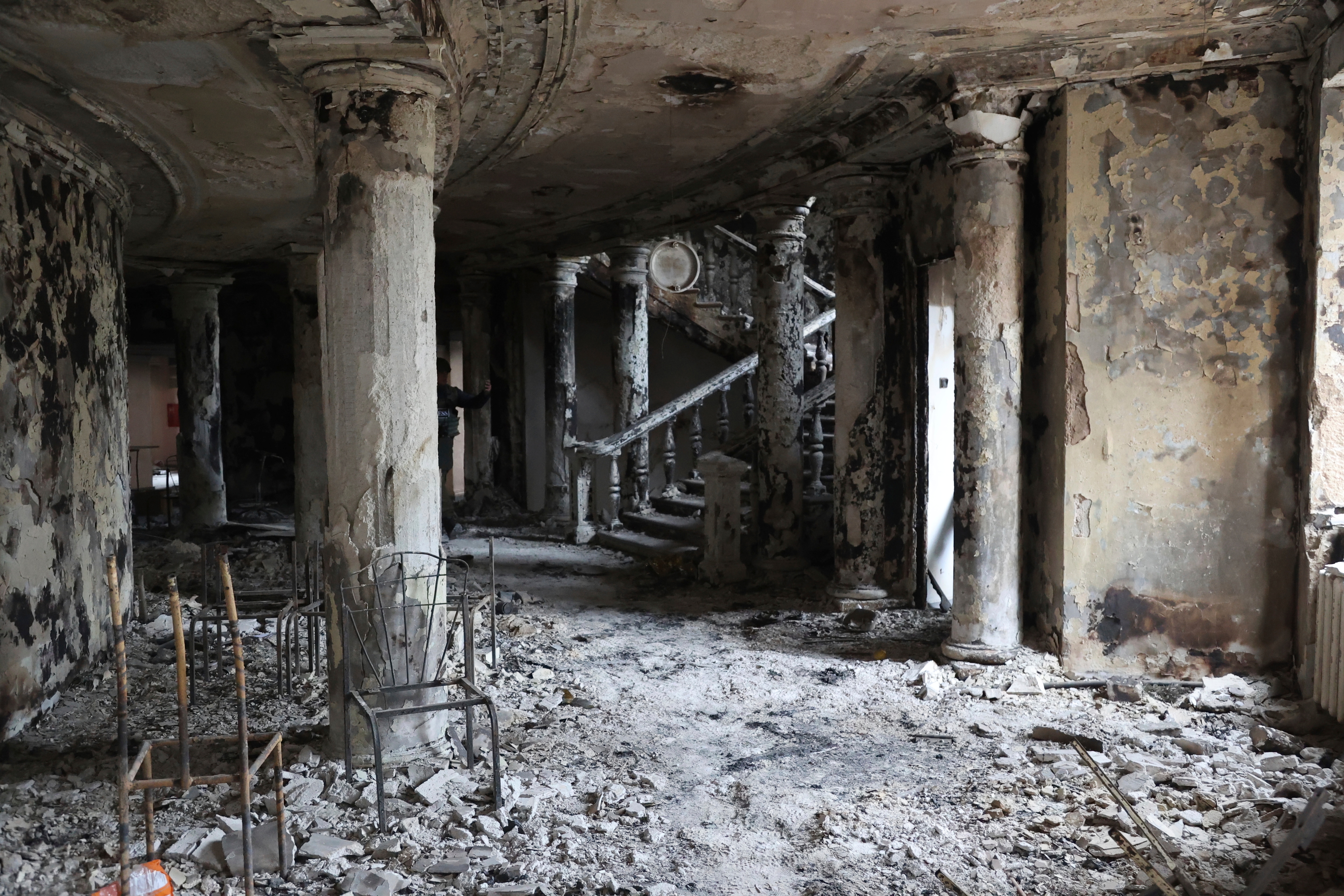 FILE - Debris covers the inside of the Donetsk Academic Regional Drama Theatre following a March 16, 2022, bombing in Mariupol, Ukraine, in an area now controlled by Russian forces, Monday, April 4, 2022. (AP Photo/Alexei Alexandrov, File)(AP)