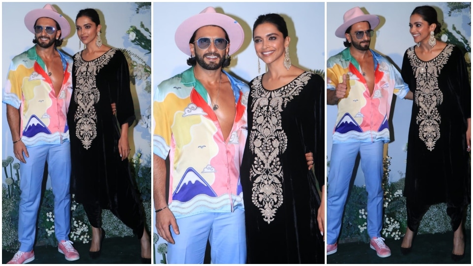 Ranveer Singh in a colourful outfit poses with Deepika Padukone.&nbsp;(HT Photo/Varinder Chawla)