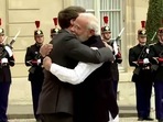 Prime Minister Narendra Modi receives a warm welcome from French President Emmanuel Macron at Elysee Palace in Paris on Wednesday. Prime Minister Narendra Modi receives a warm welcome from French President Emmanuel Macron at Elysee Palace in Paris on Wednesday. 