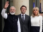 French President Emmanuel Macron and his wife Brigitte Macron welcome Indian Prime Minister Narendra Modi prior to a meeting at the Elysee palace in Paris. French President Emmanuel Macron and his wife Brigitte Macron welcome Indian Prime Minister Narendra Modi prior to a meeting at the Elysee palace in Paris.