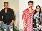 Salman Khan, Aayush Sharma and Arpita Khan at the Eid bash. Salman Khan, Aayush Sharma and Arpita Khan at the Eid bash.