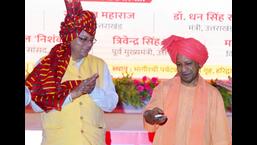 Uttar Pradesh Chief Minister Yogi Adityanath and Uttarakhand CM Pushkar Singh Dhami at the inauguration of ‘Bhagirathi Paryatak Awas’, in Haridwar on Thursday. (ANI Photo)