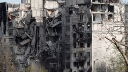 A view shows a residential building destroyed during Ukraine-Russia conflict in the southern port city of Mariupol.