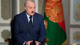 Belarus President Alexander Lukashenko speaks during an interview with The Associated Press at the Independence Palace in Minsk, Belarus, Thursday, May 5, 2022. (AP Photo/Markus Schreiber)
