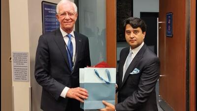 India’s civil aviation minister Jyotiraditya Scindia (right) with US representative to International Civil Aviation Organisation Captain Chesley Sullenberger in Montreal on Wednesday. (Jyotiraditya Scindia/Twitter)