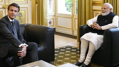 Prime Minister Narendra Modi (right) with French President Emmanuel Macron in Paris on Wednesday. (TWITTER PHOTO) Prime Minister Narendra Modi (right) with French President Emmanuel Macron in Paris on Wednesday. (TWITTER PHOTO)