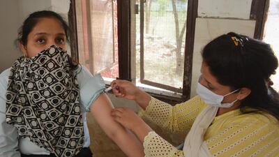 A school teachers getting the booster dose at the Sector 12 dispensary in Panchkula on Thursday. (Sant Arora/HT)