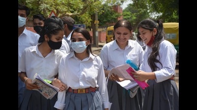 Class 10 students discussing the question paper after taking the CBSE maths exam at Bhavan Vidyalaya in Sector 15, Panchkula, on Thursday. (Sant Arora/HT)