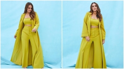 Fashionista Sonakshi Sinha ups her style game in this mustard yellow trousers cape set. (Instagram/@aslisona)