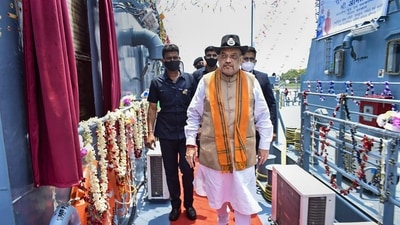 Union Home Minister Amit Shah during his visit to inaugurate floating border outposts at Hingalganj, in North 24 Parganas district. (PTI)