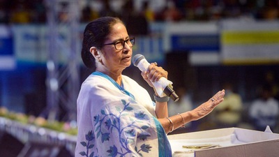 West Bengal Chief Minister Mamata Banerjee addresses a state government programme organised to celebrate the completion of one year of the party's victory in West Bengal for the third term, in Kolkata. (PTI)