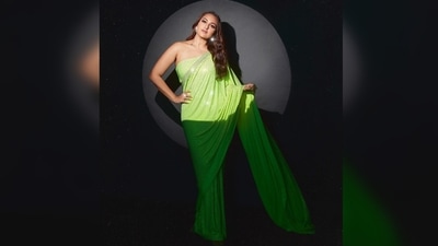 Sonakshi Sinha shines bright in this contemporary neon crystal saree. Her Eid look was put together by Mohit Rai and his team and her dreamy photos were captured by Priyankk Nandwana. (Instagram/@aslisona)