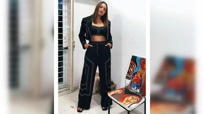 Sonakshi Sinha's outfit has a lot of geometrically shaped lines. Sharing a series of pictures, Sonakshi Sinha captioned her post, "Color within the lines!." (Instagram/@aslisona)