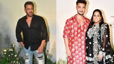 Salman Khan, Aayush Sharma and Arpita Khan at the Eid bash.&nbsp;