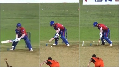 David Warner attempts a unique shot. (IPL)