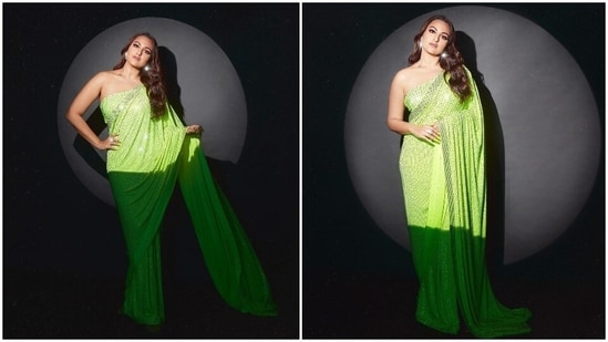 Sonakshi Sinha kept it bright and dazzling this Eid as she stepped out wearing a stunning neon green crystal saree teamed with a one-shoulder matching blouse.(Instagram/@aslisona)
