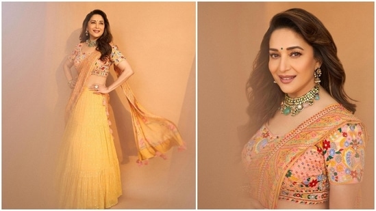 Madhuri Dixit earlier set the internet on fire with her gorgeous pictures in a multi-coloured floral lehenga set.(Instagram/@madhuridixitnene)