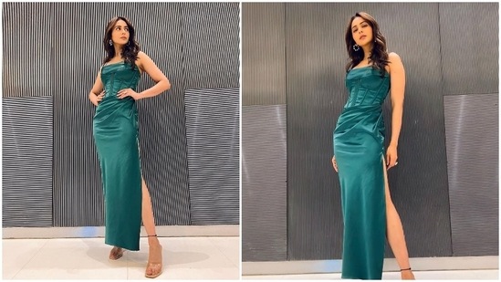 Rakul Preet donned this emerald green corset inspired bustier dress to one of the promotional events of Runway 34.(Instagram/@rakulpreet)