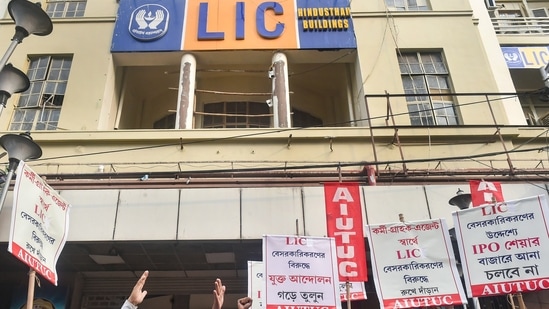 All India United Trade Union Centre activists shout slogans during their protest over the LIC's IPO in Kolkata,&nbsp;(PTI)