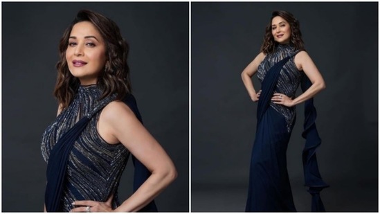 Madhuri Dixit was earlier seen giving a fusion touch to her traditional look in this embellished saree inspired dress.(Instagram/@gauravguptaofficial)