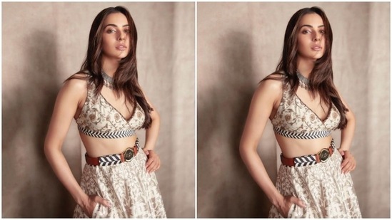 Rakul Preet earlier played muse to fashion designer JJ Valaya and donned this ivory white silk lehenga with a contemporary touch.(Instagram/@rakulpreet)