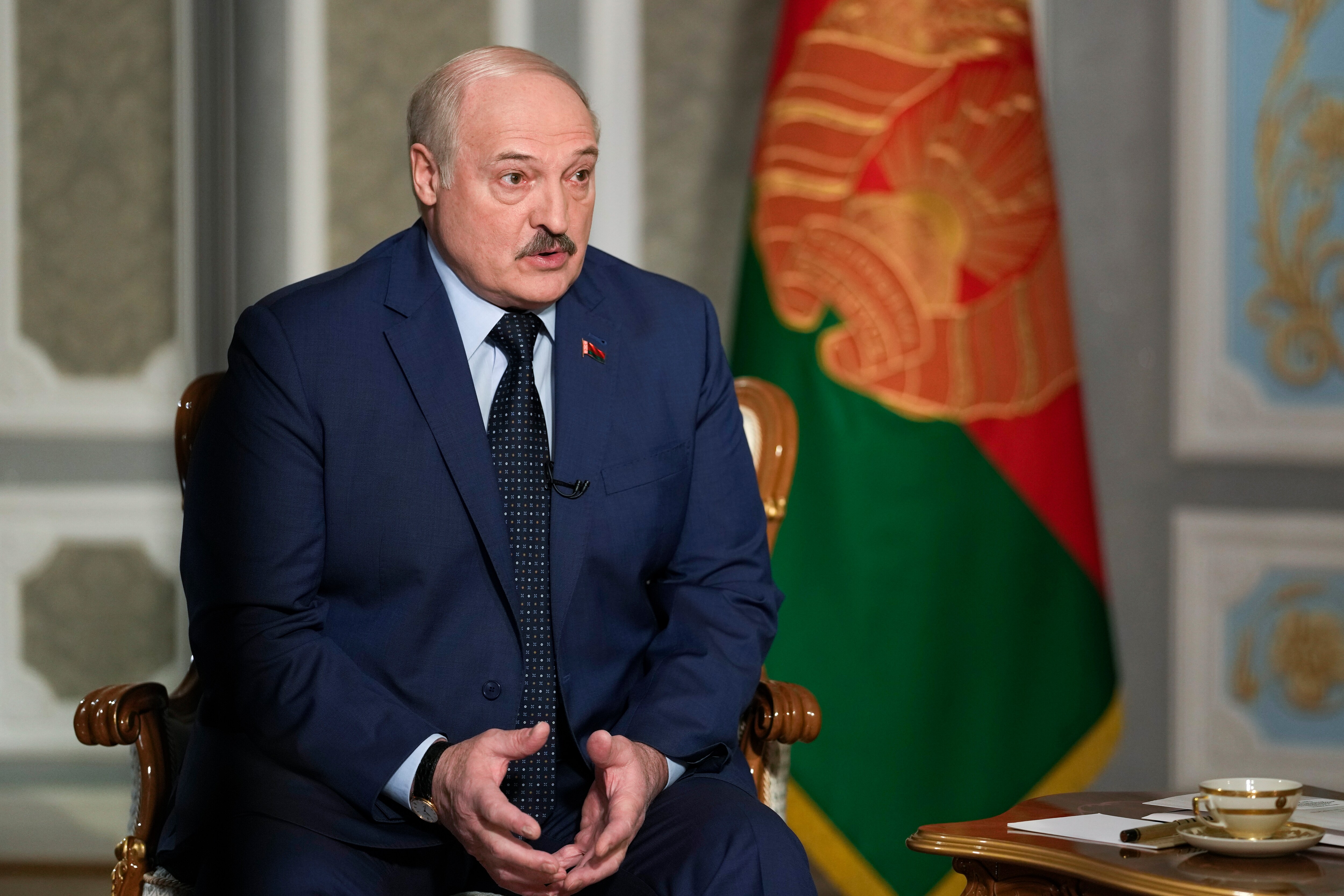Belarus President Alexander Lukashenko speaks during an interview with The Associated Press at the Independence Palace in Minsk, Belarus, Thursday, May 5, 2022. (AP Photo/Markus Schreiber)
